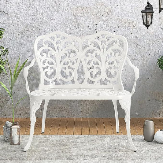 Patio Garden Bench Metal Park Bench Cast Aluminum Outdoor Furniture with Floral Rose for Patio,Park,Lawn,Yard White