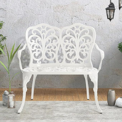 Patio Garden Bench Metal Park Bench Cast Aluminum Outdoor Furniture with Floral Rose for Patio,Park,Lawn,Yard White