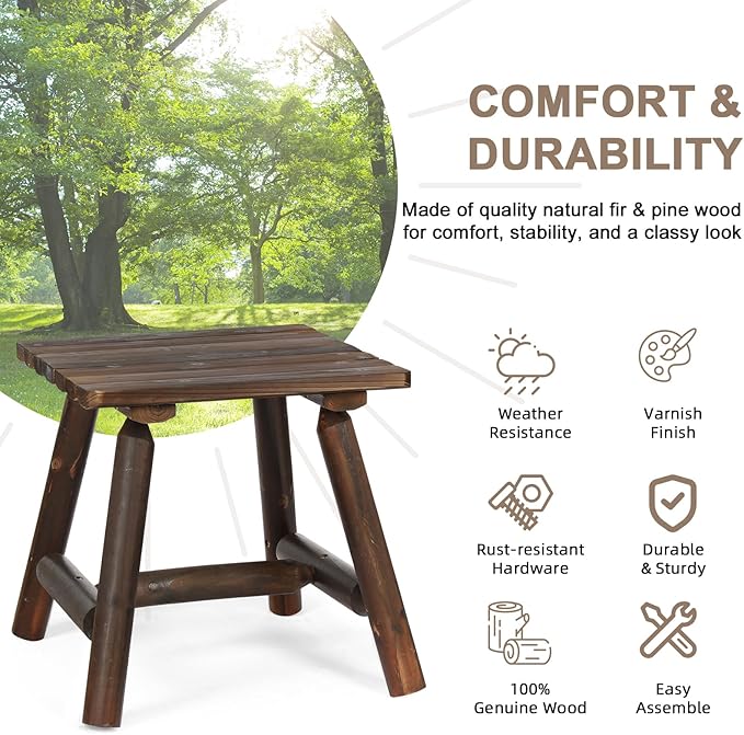 Outdoor Adirondack Log Side Table, 19.5" Thick Wooden Patio Square End Table with Slatted Tabletop, Solid Wood Rustic Accent Table for Indoor & Garden Deck Porch Balcony Backyard, Carbonized