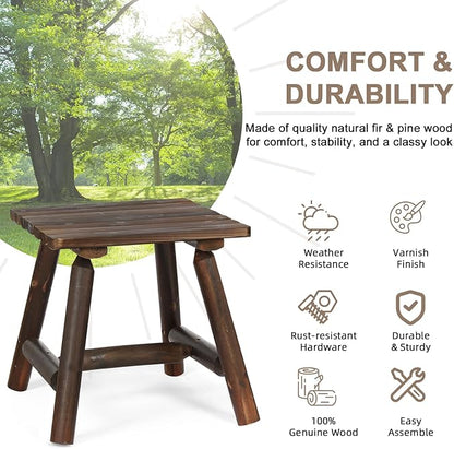 Outdoor Adirondack Log Side Table, 19.5" Thick Wooden Patio Square End Table with Slatted Tabletop, Solid Wood Rustic Accent Table for Indoor & Garden Deck Porch Balcony Backyard, Carbonized