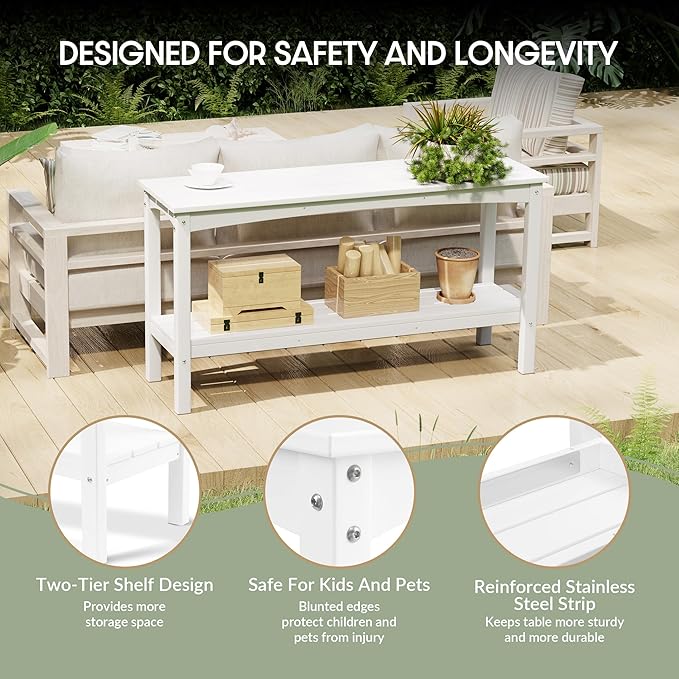 WestinTrends Malibu 55" Outdoor Patio HDPE Adirondack 2-Tier Shelf Console Table, White - Photo 6