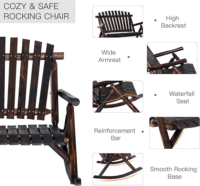 Outsunny Outdoor Wooden Rocking Chair, Double-Person Rustic Adirondack Rocker with Slatted Seat, High Backrest, Armrests for Patio, Garden and Porch, Carbonized