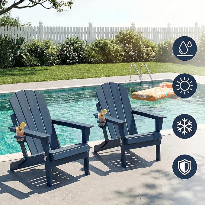 Folding Adirondack Chairs, Plastic Outdoor Patio Chairs with Cup Holder, Wood-Textured with Large Seat for Poolside Backyard Lawn, Blue