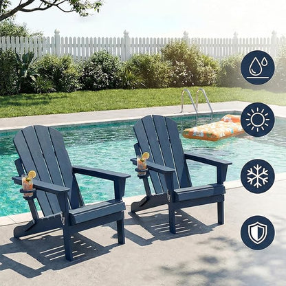 Folding Adirondack Chairs, Plastic Outdoor Patio Chairs with Cup Holder, Wood-Textured with Large Seat for Poolside Backyard Lawn, Blue