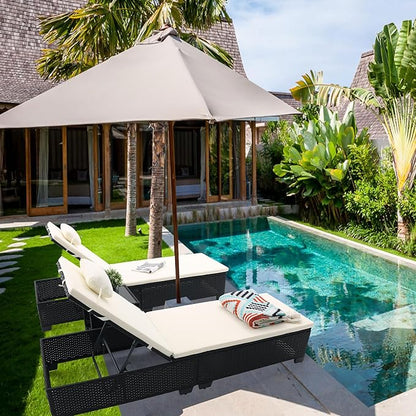 3 PCS Patio Chaise Lounge with Coffee Table Cushion&Pillow Outdoor Lounge Chair Chaise Lounger Patio Reclining Chair 5 Angle Adjustment Black PE Rattan for Courtyards Poolside (Beige)