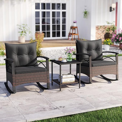 Tangkula 3 Piece Rattan Rocking Chair Set, Patio Rocker Bistro Set with Acacia Wood Tabletop & Armrests, 2 Outdoor Cushioned Armchairs w/Double-Tier Side Table for Porch, Balcony, Backyard