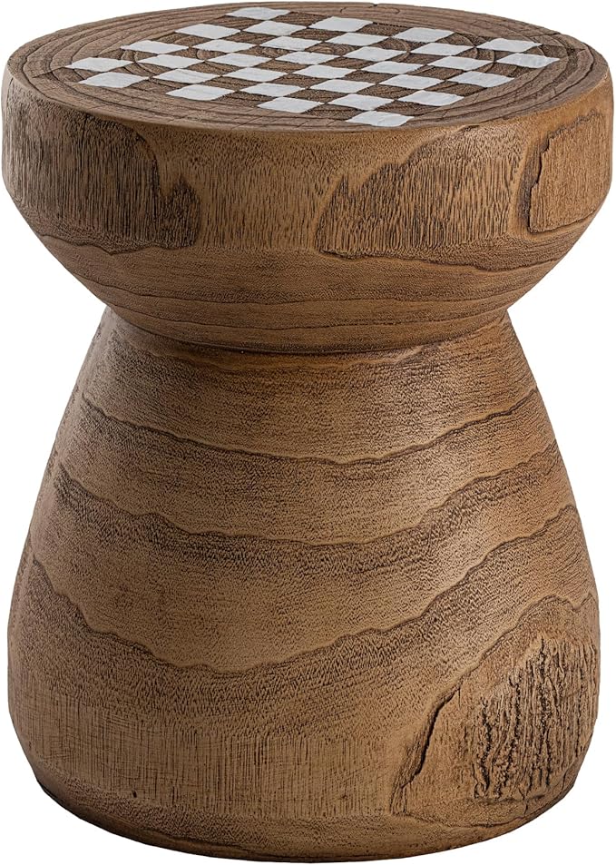 HOMPUS Outdoor Side Table with White Checkerboard Grain Tabletop Mushroom Shaped MgO Lightweight End Tables Modern Vintage Patio Accent Table for Indoor Outdoor Use, Brown & White