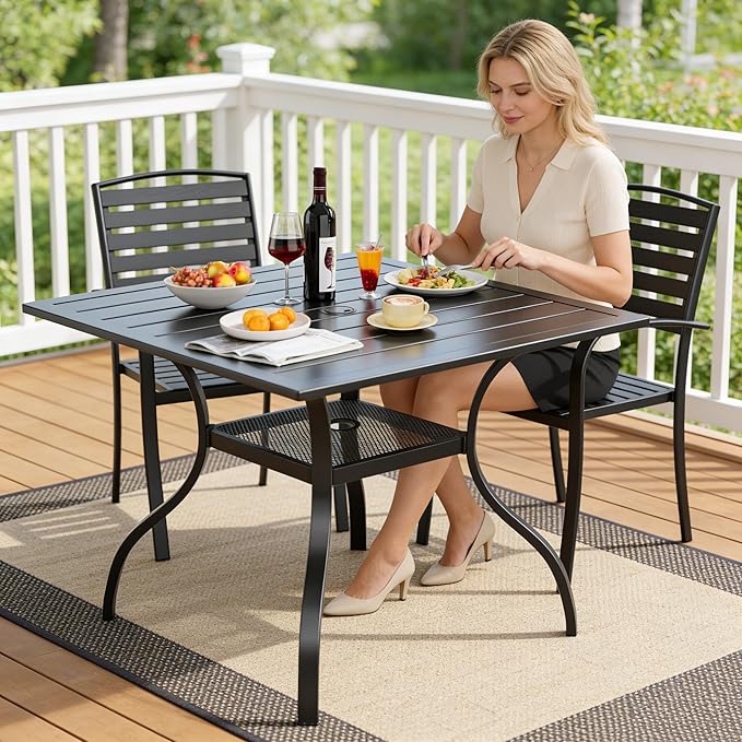 SUNCROWN 37" Black Patio Outdoor Dining Table Metal Steel Slat Square Bistro Table for Porch Deck Garden Backyard Poolside, 1.57" Umbrella Hole