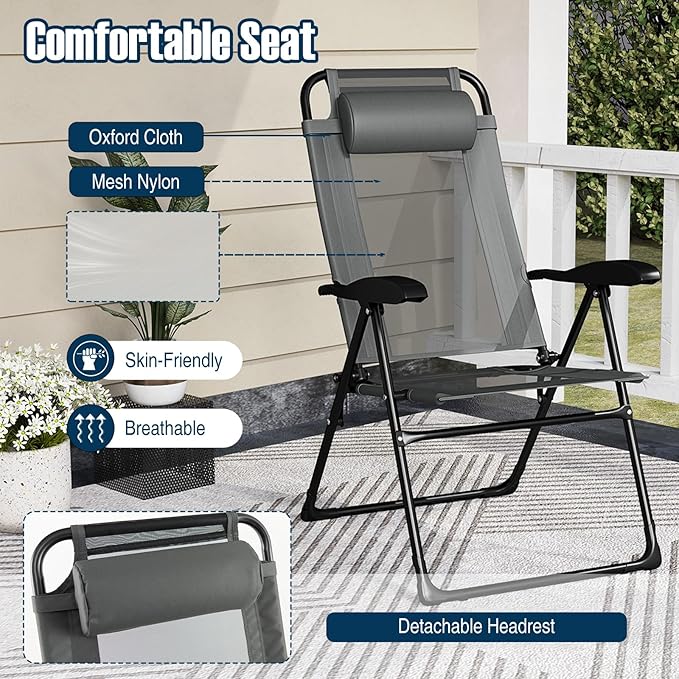 Giantex Set of 4 Patio Folding Chairs, Portable Outdoor Dining Chairs with 7-Level Adjustable Backrest, Headrest - Photo 6