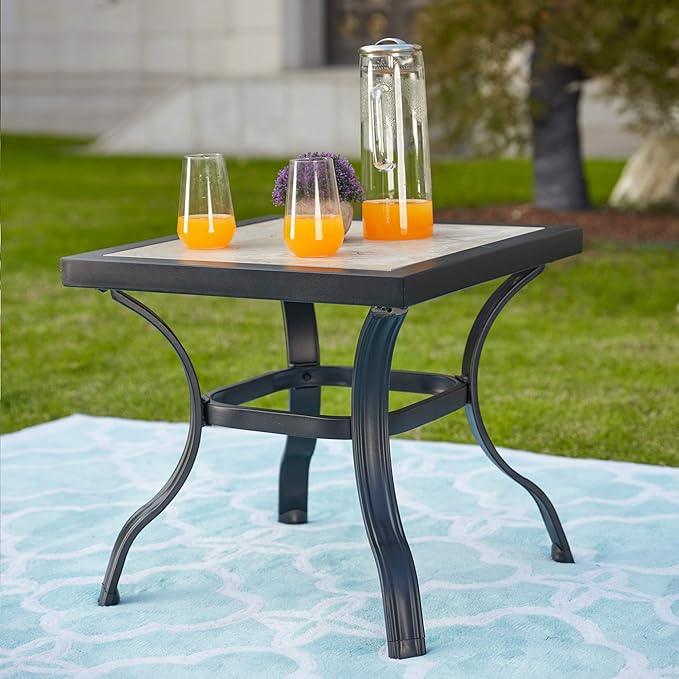 LOKATSE HOME Outdoor Patio Bistro Square End Table Dining Tile Top Metal Legs …
