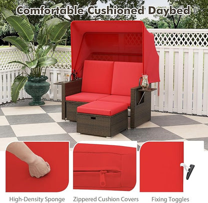 RELAX4LIFE Wicker Outdoor Daybed with Canopy - Rattan Loveseat Sofa Set w/Storage Ottomans, Adjustable Back, Retractable Trays, Sunbed Double Chaise Lounge for Backyard, 2-Seater Patio Daybed (Red)