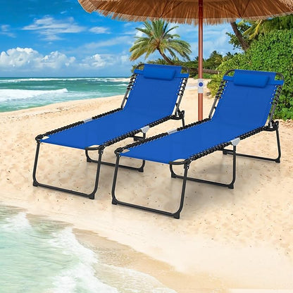 GYMAX Lounge Chair for Outside, 440lbs 27” Oversize Folding Beach Tanning Sunbath Chair with Adjustable Backrest & Removable Pillow, Lightweight Portable Patio Lounger for Lawn Poolside (Blue,2)
