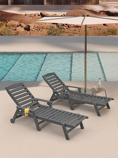 HDPE Patio Lounge Chair Set of 2, 78.4'' Outdoor Poly Lounge Chairs, 5-Position Adjustable Outdoor Lounger with Wheels & Cup Holder, HDPE Patio Chaise Lounges for Backyard, Deck, Smoke Gray