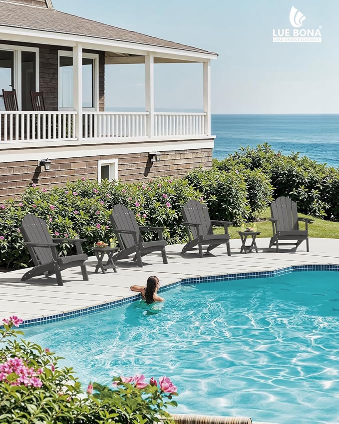 LUE BONA Folding Adirondack Chair, Chairs Set of 6, Cup Holder, Woodgrain, Fire Pit, Patio, Pool, Dark Grey - Photo 6