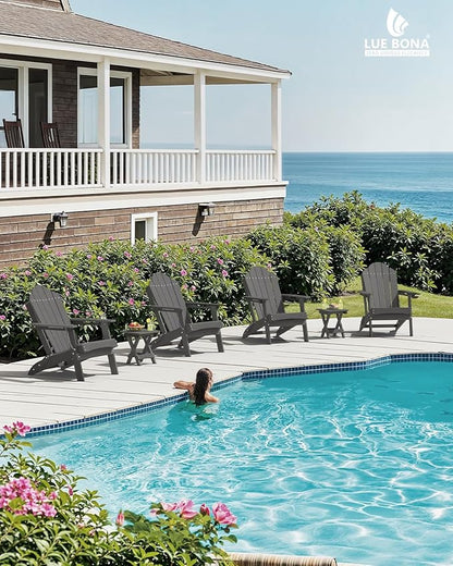 LUE BONA Folding Adirondack Chair, Chairs Set of 6, Cup Holder, Woodgrain, Fire Pit, Patio, Pool, Dark Grey