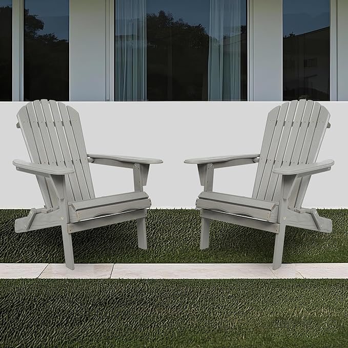 KEVINSPACE Adirondack Chair Folding AdirondackChairs Set of 2 Outdoor Chairs PatioChairs Setof2 Solid Wood Porch ChairsFire for Adult PitChairs Front PorchChairs for Garden Backyard Beach Gray