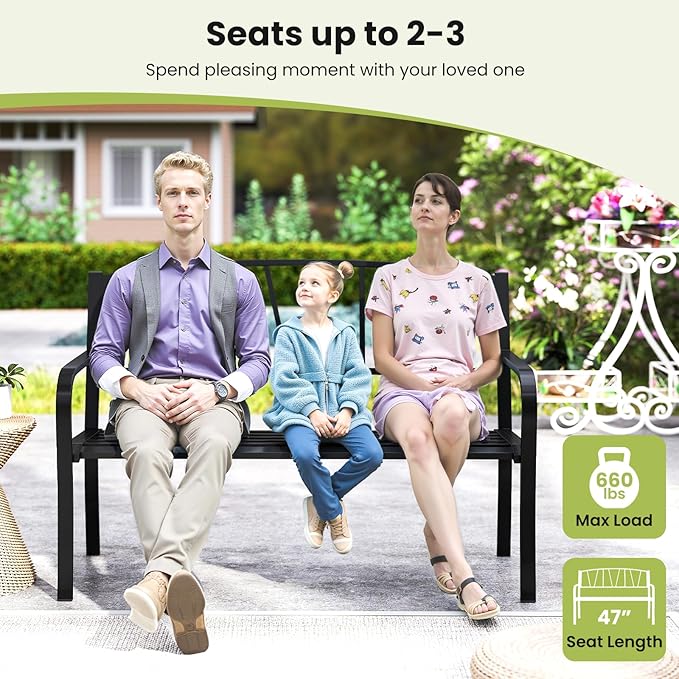 Tangkula Metal Patio Park Bench, Outdoor Garden Bench Loveseat for 2-3 People with Curved Armrests & Minimalist Backrest, Heavy-Duty Outdside Seating for Backyard, Poolside, Porch (Black)