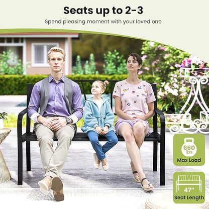 Tangkula Metal Patio Park Bench, Outdoor Garden Bench Loveseat for 2-3 People with Curved Armrests & Minimalist Backrest, Heavy-Duty Outdside Seating for Backyard, Poolside, Porch (Black)
