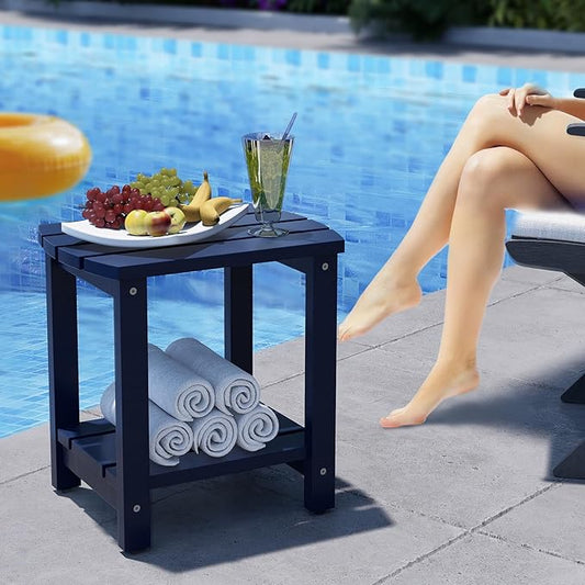 Adirondack Side Table, Double Outdoor Side Tables 18" Solid End Tables, Small Outdoor Coffee Table Pine Wood Weather Resistant for Patio, Backyard,Pool (18-Navy Blue, Set of 1)