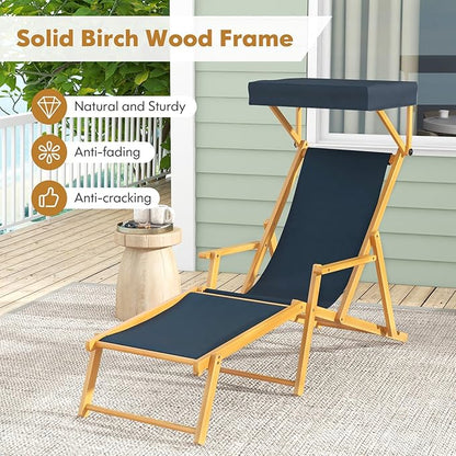 Giantex Lounge Chair Outdoor, Foldable Beach Chaise Lounge with Adjustable Canopy, Replacement Fabric, Wood Frame, Reclining Backrest & Footrest, Camping Chair for Patio, Poolside, Beach (1, Navy)