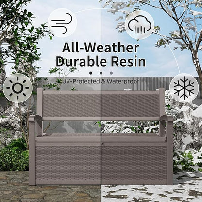 Vixzen 80 Gallon Outdoor Storage Bench Deck Box, Lockable All-Weather Resin Seating with Hidden Storage, Waterproof Patio Furniture for Garden, Pool, Gray