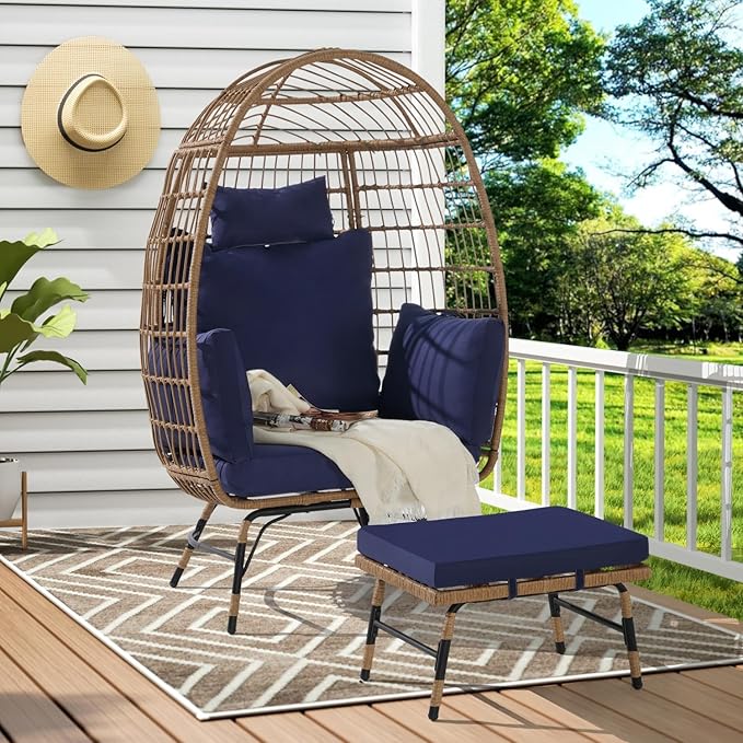 Oversized Wicker Egg Chair with Ottoman, Rattan Patio Egg Chair with Stand and Thick Cushions, Indoor Outdoor Lounge Chair for Backyard, Balcony, Living Room, Blue＋Ottoman