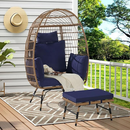 Oversized Wicker Egg Chair with Ottoman, Rattan Patio Egg Chair with Stand and Thick Cushions, Indoor Outdoor Lounge Chair for Backyard, Balcony, Living Room, Blue＋Ottoman