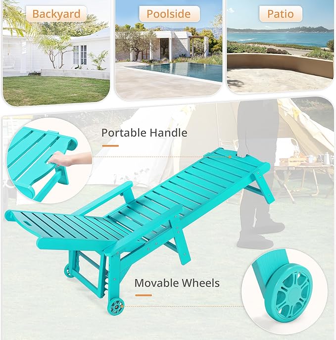 LUE BONA HDPS Chaise Lounge Chair Set of 2, Outdoor Pool Lounge Chairs with Adjustable Backrest, Resin Patio Lounge Chairs with Wheels for Outside, Aruba Blue