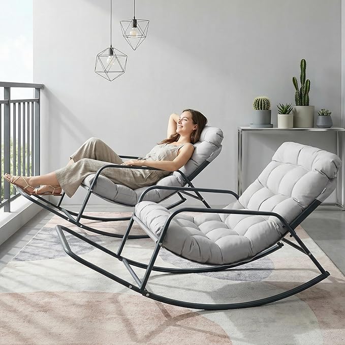 NICESOUL Set of 2 Papasan Rocking Chair with Footrest, Outdoor Rocking Chair with Cushion, Oversized Patio Rocker, Modern Lounge Comfort, Heavy Duty Steel Frame, Indoor Porch, Grey