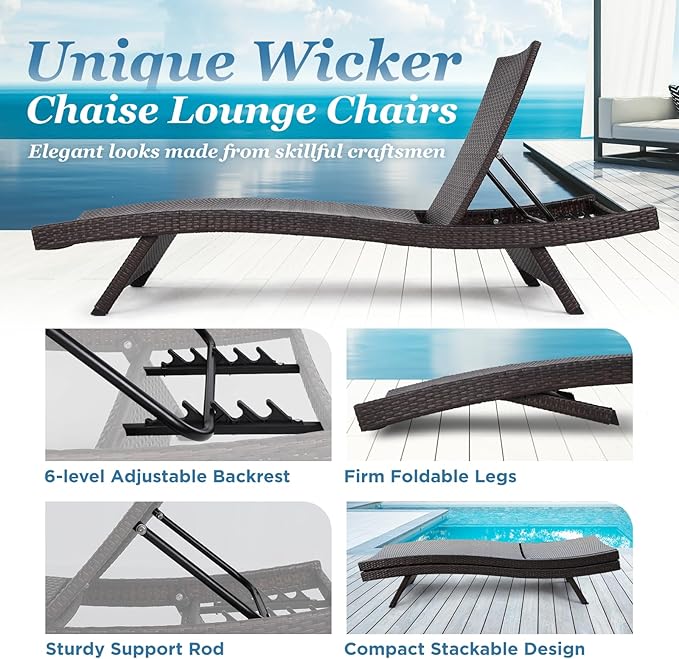 Idzo Katalina Chaise Lounge Set of 2-500lbs Support, UV Wicker, Ergonomic Wave Design, Reclining Backrest - Photo 2