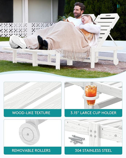 SERWALL Patio Chaise Lounge Chair Set of 4, HDPE Outdoor Lounge Chair with Cup Holder, 5 Positions Adjustable Pool Lounger with Rolling Wheels for Poolside, Deck, Sunbathing, White