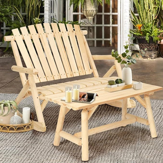 HOMEDIARY Outdoor Wood Rocking Bench Set, Patio Bistro Set-2 Person Rustic Adirondack Log Rocker with Side Table, Slatted Seat/High Backrest, Patio Rocking Furniture Set for Garden Backyard, Natural