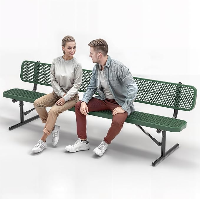 Heavy-Duty Outdoor Metal Bench, Thermoplastic-Coated, Portable, Weatherproof, Commercial-Grade for Parks, Gardens, Patios, Stores & More (8 Ft - Portable with Back, Green)