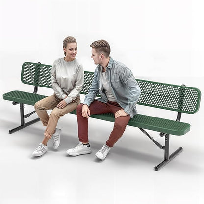 Heavy-Duty Outdoor Metal Bench, Thermoplastic-Coated, Portable, Weatherproof, Commercial-Grade for Parks, Gardens, Patios, Stores & More (8 Ft - Portable with Back, Green)