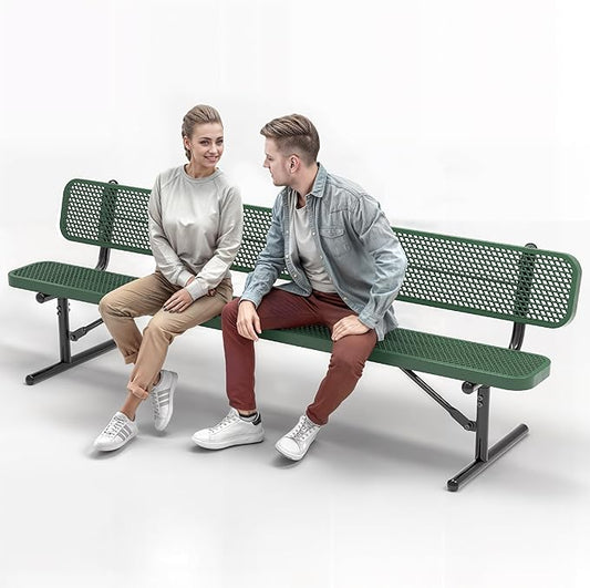 Heavy-Duty Outdoor Metal Bench, Thermoplastic-Coated, Portable, Weatherproof, Commercial-Grade for Parks, Gardens, Patios, Stores & More (8 Ft - Portable with Back, Green)