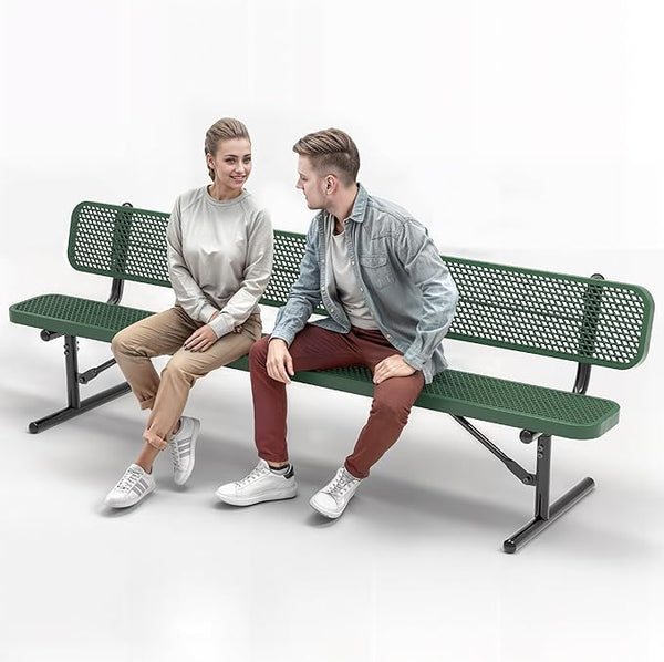 Heavy-Duty Outdoor Metal Bench, Thermoplastic-Coated, Portable, Weatherproof, Commercial-Grade for Parks, Gardens, Patios, Stores & More (8 Ft - Portable with Back, Green)