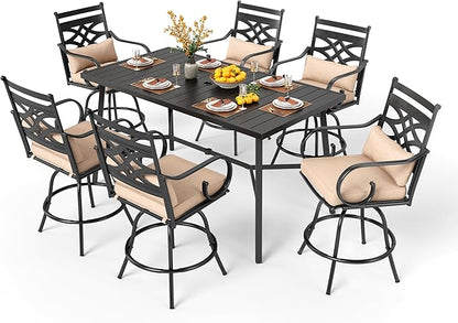 PHI VILLA 7 Pieces Patio Bar Set,Outdoor Bar Table and Chairs Set, Strong and Heavy Duty Outdoor Bar Set with Cushion and Pillow，6PCS Swivel Bar Stools with Rectangular Bar Height Table