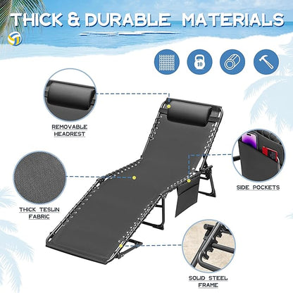 Devoko Lounge Beach Chair for Adults, Outdoor Sun Tanning Chair, Portable Folding Camping Lay Chaise Lounge Chairs for Outside Beach Pool Reading, Sunbathing (1, Gery)