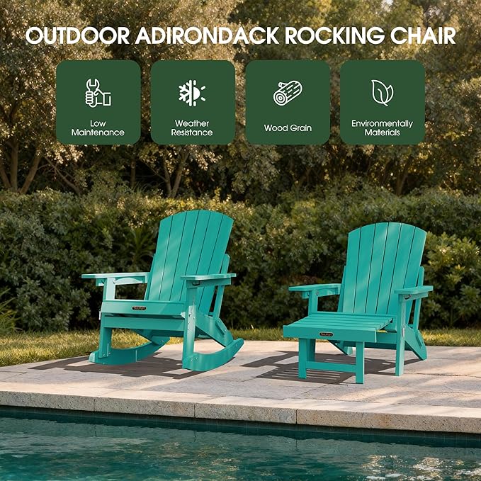 Adirondack Rocking Chair with Retractable Ottoman Set of 4, 4-in-1 Foldable Reclining Patio Chair, HDPE Wood-Look Outdoor Rocker for Porch, Garden & Poolside, Lake Blue