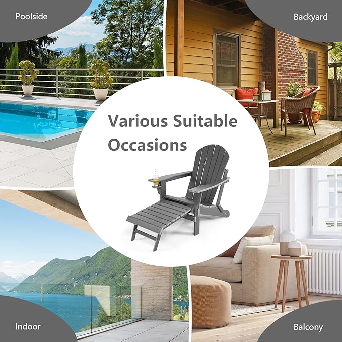 Giantex Folding Adirondack Chair, HDPE Patio Chairs Fire Pit Lounge Chair W/Retractable Ottoman & Cup Holder, Weatherproof Outdoor Adirondack Chairs for Porch, Garden, Backyard (1, Gray)