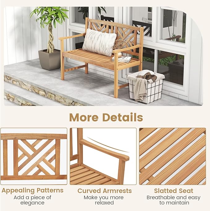 Tangkula Patio Acacia Wood Bench, 2-Person Outdoor Loveseat Chair, Cozy Armrest & Backrest, Sturdy Acacia Wood Frame, Outdoor Slatted Seating Bench for Backyard, Garden, 800 lbs Max Load