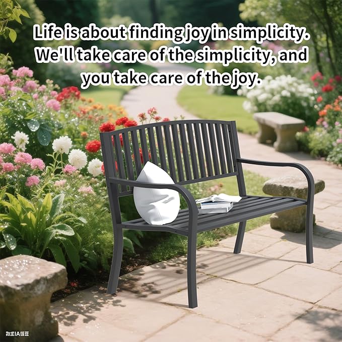 YLGJ&TIDY 50 Inches Garden Benches for Outdoor Patio Bench with Stripe Pattern Backrest Armrest Weatherproof Park Benches Metal Bench for Garden Park Porch Lawn Yard (BENCH08)