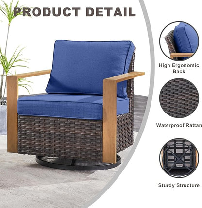 Rilyson Outdoor Swivel Patio Rocker Chairs - Wicker Rattan Patio Swivel Rocking Chairs Set of 2 with Metal Wide Armrest, Thick Cushions and Deep Seating for Deck Porch Sunroom Garden(Brown/Blue)