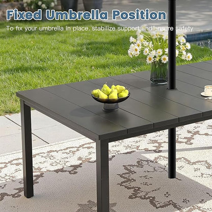 DIFY 63" Rectangle Outdoor Dining Table for 6, Slatted Metal Patio Table with Adjustable Umbrella Hole, All-Weather Patio Dining Table for Garden Backyard Deck, Black Tabletop
