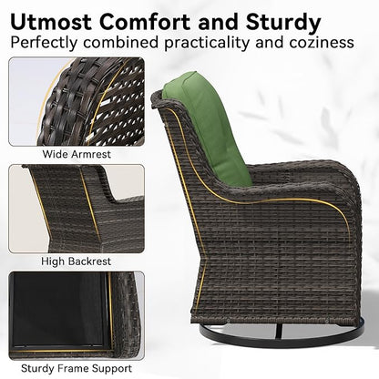 4 Piece Outdoor Swivel Rocker Patio Chairs Set, Patio Chairs Set of 4 with Thickened Olefin Cushions, High Back and Deep Seating, Hand-Woven PE Rattan for Porch, Deck, Green