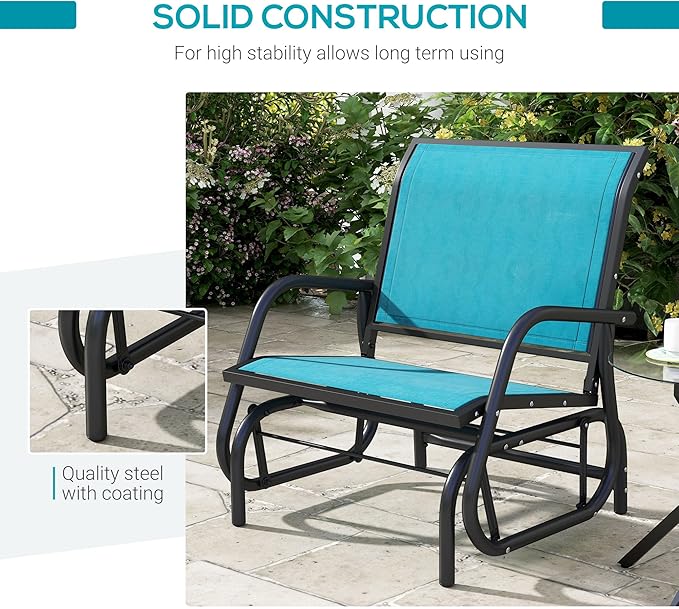 Outsunny Porch Glider, Metal Frame Swing Glider Chair with Breathable Mesh Fabric, Curved Armrests and Steel Frame for Garden, Poolside, Backyard, Balcony, Blue