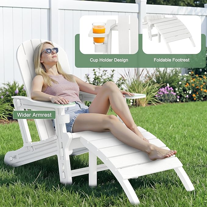 JY QAQA Outdoor Adirondack Chair Set of 2 with Detachable Table & Ottoman, All-Weather HDPE Patio Furniture with Wood Texture & Cup Holder for Patio, Poolside, Garden, White