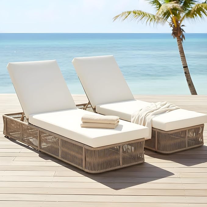 Merax 2-Pieces Outdoor Chaise Lounge Chair Set – Adjustable Woven Rope Sun Lounger with 5-Position Backrest (Frame Only) – Modern Patio Furniture for Pool, Beach & Garden, Beige