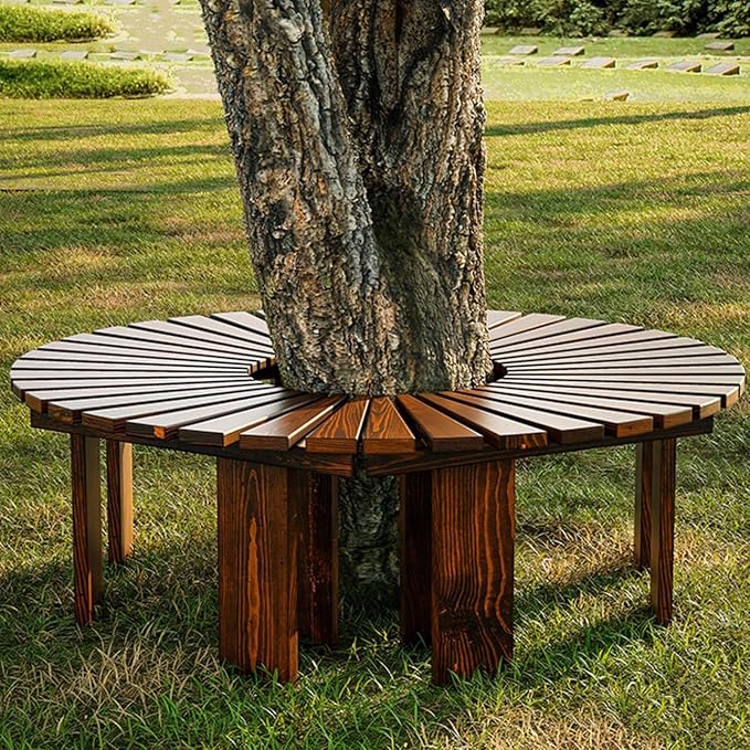 Outdoor Courtyard Bench - Wooden Curved Round Park Bench for Outdoor Furniture, Solid Wood Slatted Seat Fan-Shaped Garden Tree Bench