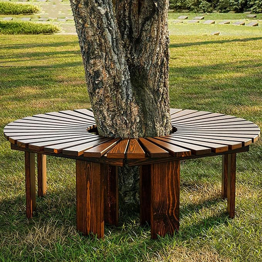 Outdoor Courtyard Bench - Wooden Curved Round Park Bench for Outdoor Furniture, Solid Wood Slatted Seat Fan-Shaped Garden Tree Bench